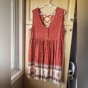 Red Floral Boho Sleeveless Dress with Crisscross Back